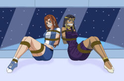 2girls bdsm black_hair bondage bound bound_ankles bound_arms bound_legs breast_bondage breasts brown_eyes brown_hair cloth_gag dark-skinned_female dark_skin denim denim_shorts dress gag gagged improvised_gag ishizu_ishtar kawai_shizuka legs medium_breasts midriff multiple_girls cloth_gag pikname45 purple_dress shorts thighs yu-gi-oh! yu-gi-oh!_duel_monsters