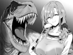 1girl apron breasts childhood_friend&#039;s_mother_(pensis_x) closed_mouth collarbone dinosaur greyscale hair_between_eyes hair_ornament hair_scrunchie highres holding holding_ladle ladle long_hair monochrome open_mouth original pensis_x scrunchie shirt smile upper_body