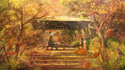 1girl architecture autumn autumn_leaves bag bare_tree black_legwear east_asian_architecture female_focus grass leaf long_sleeves original outdoors scenery shoes short_hair sitting skirt solo sonidoriy stairs sunlight tree