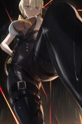 1girl absurdres aozora_1051 black_background black_gloves blonde_hair breasts chest_harness cleavage closed_mouth earrings evelyn_chevalier expressionless from_below gloves hand_on_own_hip harness high-waist_pants highres jewelry large_breasts looking_at_viewer necktie pants purple_eyes rain see-through_cleavage see-through_clothes shirt sleeveless sleeveless_shirt solo standing tight_clothes tight_pants wet white_shirt yellow_necktie zenless_zone_zero