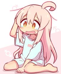 1girl absurdres ahoge blush blush_stickers brown_eyes chibi hair_between_eyes hand_on_own_head highres long_hair male-female_symbol mars_symbol newbear onii-chan_wa_oshimai! open_mouth oyama_mahiro pink_hair shirt short_sleeves shorts single_off_shoulder sitting solo venus_symbol wariza white_shirt