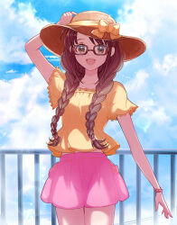 1girl :d arm_up blue_sky blush bow brown_eyes brown_hair brown_hat cloud cloudy_sky commentary cowboy_shot day glasses hat hat_bow ich. idolmaster idolmaster_cinderella_girls long_hair looking_at_viewer okuyama_saori open_mouth outdoors pink_skirt shirt short_sleeves skirt sky smile solo yellow_bow yellow_shirt