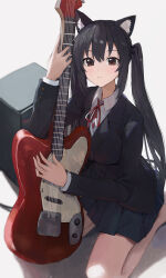 1girl absurdres animal_ears black_hair brown_hair cat_ears electric_guitar grey_background guitar highres holding holding_instrument instrument jianjia k-on! long_hair looking_at_viewer nakano_azusa sitting smile thighs twintails wariza