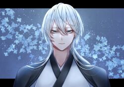 1boy aegyo_sal androgynous bishounen black_border blue_background border commentary_request dragon_quest dragon_quest_x grey_eyes hair_between_eyes hero_(dq10) highres japanese_clothes kimono kuro11_222 letterboxed long_hair looking_at_viewer male_focus portrait solo white_hair white_kimono