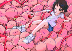 &gt;_&lt; 1girl 1other :3 =_= ^_^ absurdres black_eyes black_hair blood_on_object blue_shorts blush camera closed_eyes commentary crying crying_with_eyes_open full_body highres kuze_shizuka light_smile lin_shuang long_ribbon lying_on_animal medium_hair octopus red_ribbon ribbon shirt shoes shorts star_(symbol) takopii takopii_no_genzai tears uneven_eyes unkempt white_shirt white_shoes