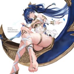 1girl absurdres aimu_(angry9565) ancient_greek_clothes artist_name ass bare_shoulders barefoot blue_eyes blue_hair breasts commentary crossed_legs from_below gold_bra greco-roman_clothes hair_belt head_wreath highres iuno_(wuthering_waves) jewelry long_hair looking_at_viewer medium_breasts parted_lips simple_background single_bare_foot smile solo thighlet thighs toe_ring toenails toes twintails underboob white_background wuthering_waves