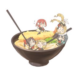 10s 5girls artist_request blonde_hair blush bow brown_hair chibi chopsticks food hair_ornament hair_ribbon in_food inubouzaki_fuu inubouzaki_itsuki long_hair miyoshi_karin multiple_girls noodles open_mouth ponytail ribbon school_uniform short_hair shrimp shrimp_tempura sitting skirt tempura tougou_mimori yuuki_yuuna yuuki_yuuna_wa_yuusha_de_aru yuusha_de_aru