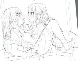 2girls bang_dream! bang_dream!_it&#039;s_mygo!!!!! between_legs blush commentary_request extreme_yuri_buta greyscale hand_in_another&#039;s_hair highres long_sleeves medium_hair misumi_uika monochrome multiple_girls open_mouth short_sleeves shorts smile socks togawa_sakiko two_side_up yuri