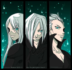 00s 1990s_(style) 2005 3boys aqua_eyes dated final_fantasy final_fantasy_vii final_fantasy_vii_advent_children hair_over_one_eye kadaj loz maeva maevachan male_focus multiple_boys retro_artstyle watermark web_address white_hair yazoo