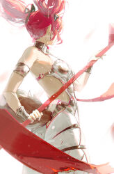1girl absurdres armlet bare_shoulders bodysuit breasts collar commentary cowboy_shot dudrinm floating_hair from_behind highres holding holding_polearm holding_weapon jewelry long_hair lupa_(wuthering_waves) medium_breasts metal_collar polearm red_hair solo weapon white_bodysuit wuthering_waves