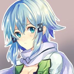 1girl blue_eyes blue_hair breasts cleavage closed_mouth green_jacket hair_between_eyes hair_ornament hairclip hozumi_rino jacket looking_at_viewer medium_hair outline scarf sidelocks sinon solo sword_art_online upper_body white_outline white_scarf