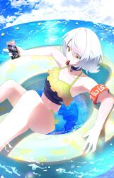Rule 34 | 1girl, absurdres, anby demara, bikini, black choker, blowing whistle, choker, frilled bikini, frills, grey hair, hair between eyes, highres, holding, holding phone, orange eyes, partially submerged, phone, short hair, swim ring, swimsuit, water, zenless zone zero, zeroartwo
