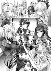 1boy 6+girls ahoge bare_shoulders bb_channel beret black_bow bow braid breasts cloak coat collar colored_extremities crop_top dress ereshkigal_(fate) eyeliner fate/grand_order fate_(series) forked_eyebrows fujimaru_ritsuka_(male) fujimaru_ritsuka_(male)_(decisive_battle_chaldea_uniform) fur-trimmed_coat fur-trimmed_sleeves fur_trim glasses greyscale hair_bow hair_over_one_eye hair_ribbon half_up_braid hat highres hooded_shrug horns jeanne_d&#039;arc_alter_(avenger)_(fate) jeanne_d&#039;arc_alter_(fate) jeanne_d&#039;arc_alter_(ver._shinjuku_1999)_(fate) jewelry large_breasts lilith_(fate) lilith_(second_ascension)_(fate) long_hair makeup mash_kyrielight medium_breasts melusine_(fate) melusine_(swimsuit_ruler)_(fate) melusine_(swimsuit_ruler)_(first_ascension)_(fate) minamoto_no_raikou_(fate) minamoto_no_raikou_(fate/grand_order) minamoto_no_raikou_(swimsuit_lancer)_(fate) minamoto_no_raikou_(swimsuit_lancer)_(second_ascension)_(fate) mintes monochrome morgan_le_fay_(fate) multiple_girls neckerchief necklace necktie official_alternate_costume parted_bangs pointy_ears ponytail ribbon school_uniform serafuku short_hair shrug_(clothing) sidelocks space_ereshkigal_(fate) space_ereshkigal_(first_ascension)_(fate) spiked_collar spikes swimsuit tenochtitlan_(fate) tenochtitlan_(second_ascension)_(fate) twintails two_side_up zipper_dress