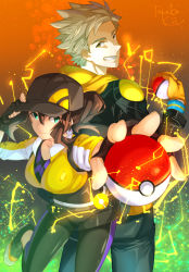Rule 34 | 10s, 1boy, 1girl, artist name, back-to-back, bad id, bad pixiv id, baseball cap, blonde hair, brown eyes, brown hair, female protagonist (pokemon go), fingerless gloves, gloves, green eyes, grin, hat, highres, holding, holding poke ball, leg up, leggings, looking at viewer, looking back, nintendo, orange gloves, poke ball, pokemon, pokemon go, ponytail, smile, spark (pokemon), tanaka kii, team instinct, wristband