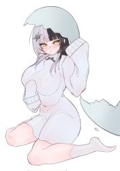 Rule 34 | 1girl, alternate costume, black hair, breasts, covered navel, eggshell, eggshell hat, grey hair, grey sweater, highres, hololive, hololive english, large breasts, long hair, looking at viewer, multicolored hair, naechiee, shiori novella, sitting, sleeves past fingers, sleeves past wrists, solo, split-color hair, sweater, two-tone hair, virtual youtuber, wariza, yellow eyes