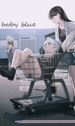 4girls artist_name bang_dream! bang_dream!_it&#039;s_mygo!!!!! black_hair black_shirt black_shoes blue_shirt blue_shorts blue_skirt carrying cloud_nine_(798392138) commentary earrings food green_hair highres ice_cream in_shopping_cart jacket jewelry kaname_raana layered_sleeves long_hair long_sleeves mortis_(bang_dream!) mortis_(persona)_(bang_dream!) multiple_girls nagasaki_soyo open_mouth outdoors parking_lot shiina_taki shirt shoes shopping_cart short_hair short_over_long_sleeves short_sleeves shorts shoulder_carry skirt symbol-only_commentary wakaba_mutsumi white_hair white_jacket white_shirt yellow_eyes