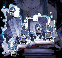 Rule 34 | 6+girls, ahoge, bag, black boots, black eyes, black necktie, black skirt, blue hair, book, book stack, boots, bright pupils, building, cellphone, chibi, city, clone, closed mouth, commentary request, eating, flip phone, food, frown, grey sweater, hand on own chin, hand rest, hat, hatsune miku, holding, holding bag, holding book, holding food, holding phone, holding spring onion, holding vegetable, lama (kusuriya), long hair, magic trick, multiple girls, necktie, open book, paper bag, phone, pop-up book, skirt, skyscraper, spring onion, sweater, top hat, twintails, vegetable, very long hair, vocaloid, white pupils