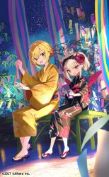 Rule 34 | 1boy, 1girl, ahoge, bamboo, black kimono, blonde hair, blush, bow hairband, calligraphy brush, copyright notice, curled horns, demon horns, demon wings, dyed ahoge, fangs, floral print, floral print kimono, flower, full body, green eyes, grey hair, hair between eyes, hairband, hayama eishi, holding, holding calligraphy brush, holding paintbrush, holding tanzaku, horns, japanese clothes, kimono, looking at another, looking at object, looking down, makaino ririmu, medium hair, multicolored hair, night, night sky, nijisanji, obi, obijime, official alternate costume, official art, on bench, open mouth, outdoors, paintbrush, pointy ears, print kimono, red eyes, red flower, red hair, red horns, red wings, sandals, sash, short hair, sidelocks, sitting, sky, smile, star (sky), starry sky, streaked hair, striped clothes, striped kimono, tanabata, tanzaku, twintails, uzuki kou, virtual youtuber, wings, yellow kimono, yukata, zouri