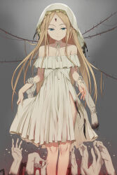 Rule 34 | 1girl, abigail williams (fate), absurdres, bare shoulders, blonde hair, blue eyes, breasts, choker, collarbone, disembodied hand, dress, fate/grand order, fate (series), forehead, ghost hands, grey background, highres, keyhole, long hair, mailixiang, off shoulder, parted bangs, small breasts, smile, solo, veil, white dress