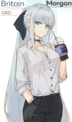 Rule 34 | 1girl, absurdres, alternate costume, black gloves, black pants, black ribbon, braid, bubble tea, caat106, character name, collared shirt, cowboy shot, cup, fate/grand order, fate (series), gloves, grey eyes, grey hair, hair ribbon, half up braid, hand in pocket, high ponytail, highres, holding, holding cup, long hair, looking at viewer, morgan le fay (fate), pants, ponytail, ribbon, shirt, solo, white hair