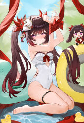 Rule 34 | 1girl, absurdres, barefoot, blush, bound, bound wrists, breasts, brown hair, cleavage, closed mouth, covered navel, feet, highres, honkai: star rail, honkai (series), lao xi, long hair, missing commentary, one-piece swimsuit, purple eyes, rubber duck, sitting, small breasts, solo, sparkle (doll) (honkai: star rail), sparkle (honkai: star rail), swimsuit, thigh strap, toes, twintails, very long hair, wariza, white one-piece swimsuit