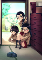 3girls 9s0ykoyama117 :p absurdres black_hair black_legwear blurry blurry_background blush_stickers bonsai braid braided_ponytail brown_eyes brown_hair cat chi-hatan_school_uniform day depth_of_field drawer fukuda_haru girls_und_panzer glasses green_eyes grin hair_over_shoulder hair_pulled_back hair_ribbon hair_rings high_collar highres hosomi_shizuko huge_filesize hugging_own_legs indoors jacket kneeling long_hair long_sleeves looking_at_viewer lying miniskirt multiple_girls no_shoes on_stomach open_mouth pleated_skirt purple_eyes red_skirt ribbon rimless_eyewear round_eyewear school_uniform short_hair single_braid sitting skirt smile socks stone_lantern tamada_tamaki tatami tongue tongue_out twin_braids twintails v white_ribbon wooden_floor