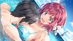 1boy 1girl absurdres atri-my_dear_moments- between_breasts bikini black_hair blue_bikini breasts cleavage face_between_breasts floral_print_bikini head_between_breasts hetero highres ikaruga_natsuki kamishiro_minamo large_breasts motoyon surprised swimming swimsuit water wavy_mouth wet