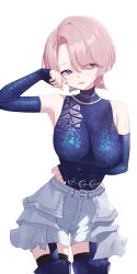 1girl absurdres arimura_mao armpits blue_eyes blue_shirt blue_thighhighs breasts gakuen_idolmaster highres idolmaster large_breasts pink_hair revealing_clothes shirt short_hair shorts sleeveless sleeveless_shirt solo sukaliya sweat thighhighs thighs white_shorts