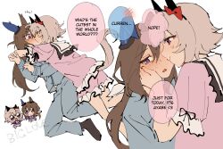 2girls absurdres admire_vega_(umamusume) animal_ears baryumejuya blue_pants blue_shirt blush brown_hair closed_mouth commentary curren_chan_(umamusume) english_text grey_hair highres horse_ears horse_girl horse_tail kiss long_hair long_sleeves multiple_girls pajamas pants pink_shirt pink_shorts purple_eyes school_uniform shirt short_hair short_sleeves shorts simple_background smile speech_bubble tail tracen_school_uniform umamusume white_background yuri
