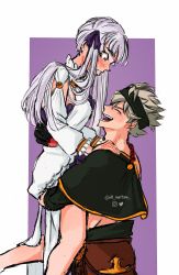 1boy 1girl asta_(black_clover) black_clover blush cloak closed_eyes couple embarrassed hair_ribbon hands_on_shoulders headband held_up hetero highres holding long_hair looking_down noelle_silva open_mouth ribbon silver_hair sk_martins timeskip topless_male twintails watermark