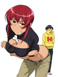 1boy 1girl between_breasts blush bone breasts brown_hair butt_crack cleavage cleavage_cutout clenched_teeth clothing_cutout hinoki_(hinoki-buro) hiyorimi_hiro kaibutsu_oujo large_breasts leaning_forward looking_at_viewer orange_eyes red_hair riza_wildman sagging_pants short_hair standing sweatdrop sweater teeth turtleneck white_background