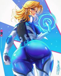 1girl 2025 animification arm_at_side arm_up artist_name ass ass_focus backboob belt blonde_hair blue_bodysuit blue_eyes bodysuit breasts cameltoe clenched_hand closed_mouth commentary cowboy_shot earrings energy english_commentary fantastic_four from_behind highres hoop_earrings huge_ass jewelry logo looking_at_viewer looking_back marvel marvel_rivals mature_female midniteblueart parted_bangs pink_lips signature sue_storm thick_lips thigh_gap two-tone_bodysuit variant_set variations wavy_hair white_bodysuit
