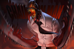 1boy arms_up belt belt_buckle black_belt black_pants blood buckle chainsaw chainsaw_man chinese_commentary collared_shirt commentary_request copyright_name cowboy_shot denji_(chainsaw_man) lfpwrk0vlocrzl4 long_tongue male_focus open_mouth pants sharp_teeth shirt shirt_tucked_in solo standing teeth tongue tongue_out white_shirt wing_collar