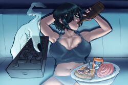 Rule 34 | alcohol, armpits, beer, beer bottle, bread, bread slice, breasts, chainsaw man, cleavage, controller, disembodied hand, drink, drinking, food, ghost, ghost devil (chainsaw man), ghost hands, highres, himeno (chainsaw man), lonkieart, looking at viewer, man watching tv (meme), meme, navel, remote control, short hair, sitting, spread legs, tank top, thighs, toast, underwear