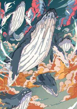 Rule 34 | animal, animal focus, chinese commentary, chromatic aberration, cloud, commentary request, flying whale, green sky, highres, humpback whale, ligne claire, multicolored clouds, no humans, original, sky, tattsun (ta tsuki), whale