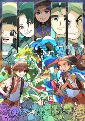 6+boys 6+girls backpack bag beak black_eyes blonde_hair blue_eyes brassius_(pokemon) bright_pupils brown_eyes brown_hair closed_mouth commentary_request eyelashes florian_(pokemon) geeta_(pokemon) glint green_fur green_hair grusha_(pokemon) hassel_(pokemon) highres iono_(pokemon) katy_(pokemon) kofu_(pokemon) larry_(pokemon) long_hair meowscarada multicolored_hair multiple_boys multiple_girls naranja_academy_school_uniform nemona_(pokemon) nintendo non_pmpm open_mouth orange_shorts pokemon pokemon_(creature) pokemon_sv poppy_(pokemon) quaquaval red_eyes rika_(pokemon) ringed_eyes ryme_(pokemon) school_uniform short_hair shorts smile streaked_hair teeth terastallization thick_eyebrows tulip_(pokemon) two-tone_hair upper_teeth_only yellow_eyes