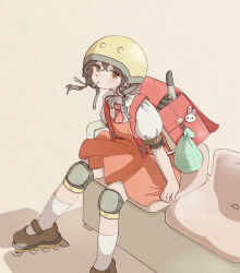 Rule 34 | 1girl, absurdres, backpack, bag, black hair, blush, brown eyes, brown shoes, collared shirt, dress, floating hair, flute, foot out of frame, helmet, highres, instrument, kaai yuki, knee pads, kneehighs, leaning forward, long hair, looking at viewer, low twintails, mary janes, necktie, on bench, pinafore dress, randoseru, recorder, red dress, red necktie, roller skates, sabaku (saba9), shirt, shoes, short dress, short necktie, simple background, sitting, skates, sleeveless, sleeveless dress, socks, solo, traditional media, twintails, vocaloid, watercolor pencil (medium), white background, white shirt, white socks