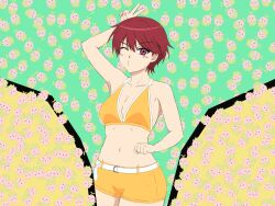Rule 34 | belt, blowing kiss, digimon, digimon savers, fujieda yoshino, highres, lalamon, looking at viewer, one eye closed, pink eyes, pink hair, pixiv 113109911, short hair, swimsuit, v, wink