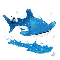 1other absurdres air_bubble animal animal_focus artist_name backpack bag blue_jacket bubble closed_eyes commentary fish flying_fish full_body gloves helmet highres jacket kazunoko_(kazunoko_zunoco) original parted_lips radio_antenna shark signature simple_background sitting sitting_on_animal space_helmet water whale_shark white_background white_gloves