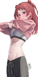 Rule 34 | 1girl, absurdres, black pants, blue eyes, blush, breasts, ear blush, gakuen idolmaster, hair rings, hanami saki, highres, hood, hoodie, idolmaster, kawai ritsu (rits meg), lifting own clothes, long sleeves, medium hair, navel, pants, pink hoodie, red hair, sports bra, two side up, white background
