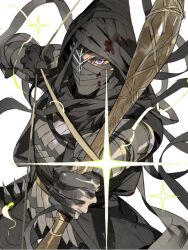 1boy aiming alternate_costume arms_up arrow_(projectile) attack bandage_over_one_eye bandages bandages_over_clothes black_bandages black_gloves black_hood black_tunic blood blood_on_clothes bow_(weapon) chinese_commentary covered_mouth elden_ring elden_ring_nightreign genichiro_cute gloves holding holding_bow_(weapon) holding_weapon ironeye_(elden_ring) knife looking_at_viewer loose_bandages male_focus official_alternate_costume one_eye_covered purple_eyes simple_background solo standing throwing_knife tunic weapon white_background