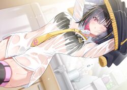1girl bathroom black_bra black_hair black_jacket black_thighhighs blonde_hair blush bra bra_visible_through_clothes bright_pupils collared_shirt colored_inner_hair highres jacket multicolored_hair necktie one_eye_closed original pink_hair piyopoyo shirt solo streaked_hair thighhighs toothbrush underwear undressing wet wet_clothes wet_shirt white_pupils yellow_necktie