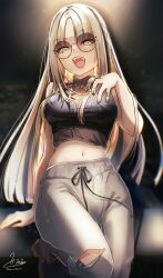 1girl :d black_hair black_nails black_shirt black_tank_top blonde_hair blue_eyes braid breasts commentary_request fangs grey_pants halter_shirt halterneck highres hinata_habi_ss hololive hololive_dev_is jewelry koganei_niko large_breasts long_hair looking_at_viewer multicolored_hair multiple_rings navel open_mouth pants parted_bangs ring shirt side_braid signature sleeveless sleeveless_shirt smile solo straight_hair streaked_hair sunglasses sweatpants tank_top teeth tinted_eyewear tongue torn_clothes torn_pants upper_teeth_only virtual_youtuber
