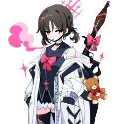 Rule 34 | 1girl, absurdres, alternate costume, alternate hairstyle, bare shoulders, black thighhighs, blue archive, brown eyes, brown hair, halo, highres, magical girl, medium hair, misaki (blue archive), pink halo, rocket launcher, rpg (weapon), school uniform, serafuku, smoking, solo, syk, thighhighs, thighs, weapon