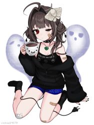 1girl ahoge artist_name bags_under_eyes bandaid bandaid_on_arm bandaid_on_cheek bandaid_on_face bandaid_on_hand bandaid_on_leg bare_shoulders black_choker black_jacket black_nails black_shirt black_socks blue_screen_of_death brown_hair bug cable cable_tail choker circuit_board closed_mouth coffee cup electric_plug electric_plug_tail full_body ghost hair_bun hair_intakes heart heart_necklace highres holding holding_cup insect jacket jewelry long_hair long_sleeves looking_at_viewer mechanical_tail mole mole_under_eye moth nail_polish necklace off_shoulder one_eye_closed original partially_unzipped red_eyes shirt side_up_bun simple_background sitting sleeveless sleeveless_shirt socks spaghetti_strap spiked_choker spikes strap_slip tail vickie_(cryingrobot) vickie_(cryingrobot)_(character) white_background you_are_an_idiot_(virus)