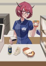 1girl absurdres alternate_costume apron barcode_scanner blue_apron blue_eyes brand_name_imitation cash_register cashier commentary convenience_store counter employee_uniform english_commentary food food_packaging heterochromia highres holding holding_barcode_scanner hololive hololive_english horns indoors irys_(hololive) kfp lawson looking_at_viewer microwave multicolored_hair name_tag open_mouth pointy_ears purple_eyes purple_hair red_hair shift_(shiftillust) shirt shop short_hair smile solo store_clerk streaked_hair virtual_youtuber
