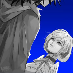 1boy 1girl blue_background cardinal_(ragnarok_online) chinese_commentary choker cloak closed_mouth commentary_request cross dated_commentary greyscale_with_colored_background lips looking_at_another medium_hair ragnarok_online shadow_cross_(ragnarok_online) short_hair simple_background smile upper_body z.i