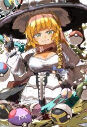 1girl absurdres black_gloves black_hat blonde_hair blue_bow blush bow breasts brown_scarf cleavage commentary_request cookie_(touhou) cowboy_shot creatures_(company) dress game_freak gloves great_ball green_eyes grin hair_bow hat heal_ball highres kirisame_marisa large_breasts long_hair long_sleeves looking_at_viewer love_ball mars_(cookie) master_ball moon_ball nintendo partially_fingerless_gloves poke_ball pokemon safari_ball scarf smile solo sun_kajitsu touhou ultra_ball v white_background white_dress witch_hat