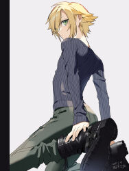 1boy ankle_boots black_boots black_border black_shirt blonde_hair boots border closed_mouth dated expressionless green_eyes green_pants hair_between_eyes highres long_sleeves looking_up male_focus nijisanji pants pinstripe_pattern pinstripe_shirt potti-p shirt short_hair simple_background solo uzuki_kou virtual_youtuber white_background