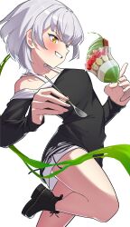 1girl absurdres bang_dream! bang_dream!_it&#039;s_mygo!!!!! black_shirt blue_eyes blush collarbone commentary food heterochromia highres holding holding_food holding_ice_cream holding_ice_cream_scoop_(utensil) ice_cream ice_cream_scoop_(utensil) kaname_raana long_sleeves matcha_parfait off_shoulder open_mouth shirt short_hair simple_background solo standing standing_on_one_leg tappy_okamura white_background white_hair white_shirt yellow_eyes